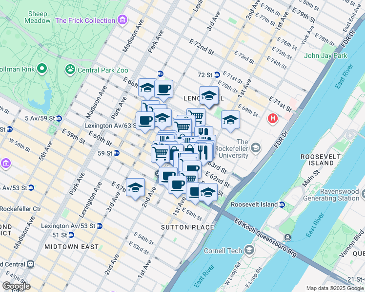map of restaurants, bars, coffee shops, grocery stores, and more near 316 East 63rd Street in New York