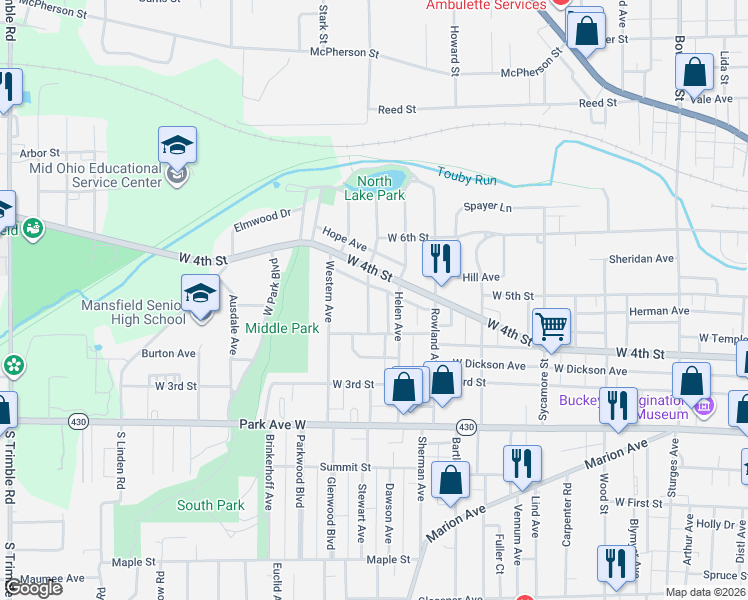 map of restaurants, bars, coffee shops, grocery stores, and more near 136 Rae Avenue in Mansfield
