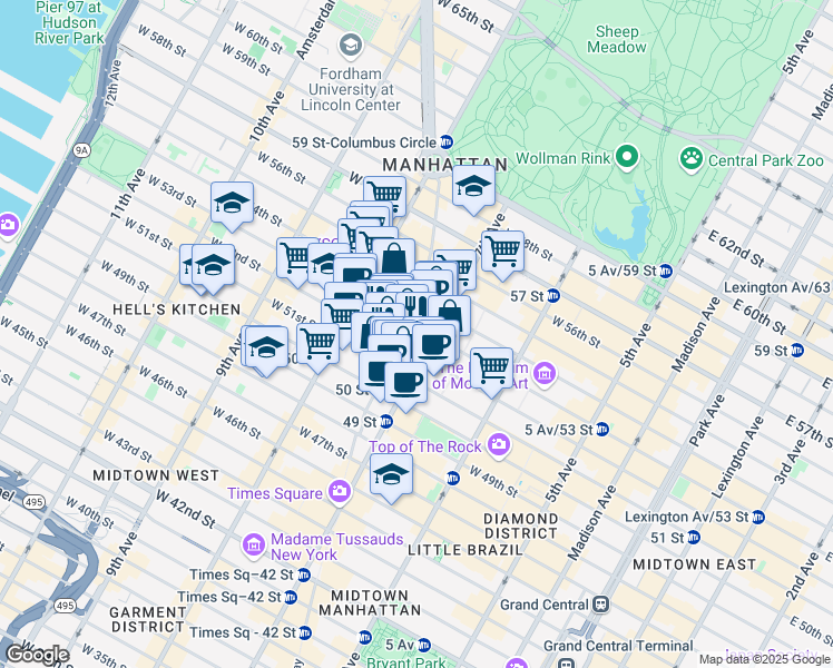 map of restaurants, bars, coffee shops, grocery stores, and more near 1700 Broadway in New York