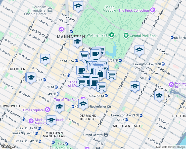 map of restaurants, bars, coffee shops, grocery stores, and more near 77 West 55th Street in New York