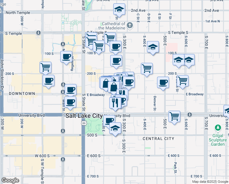 map of restaurants, bars, coffee shops, grocery stores, and more near 256 300 South in Salt Lake City