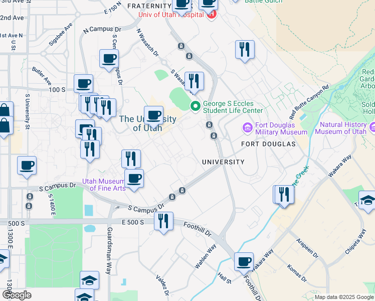 map of restaurants, bars, coffee shops, grocery stores, and more near 294 1850 East in Salt Lake City