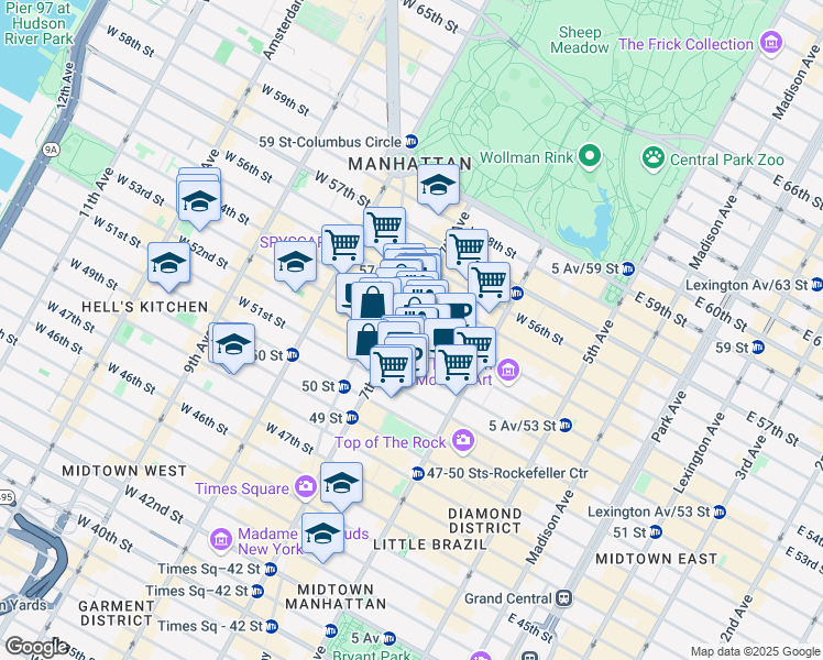 map of restaurants, bars, coffee shops, grocery stores, and more near 825 7th Avenue in New York