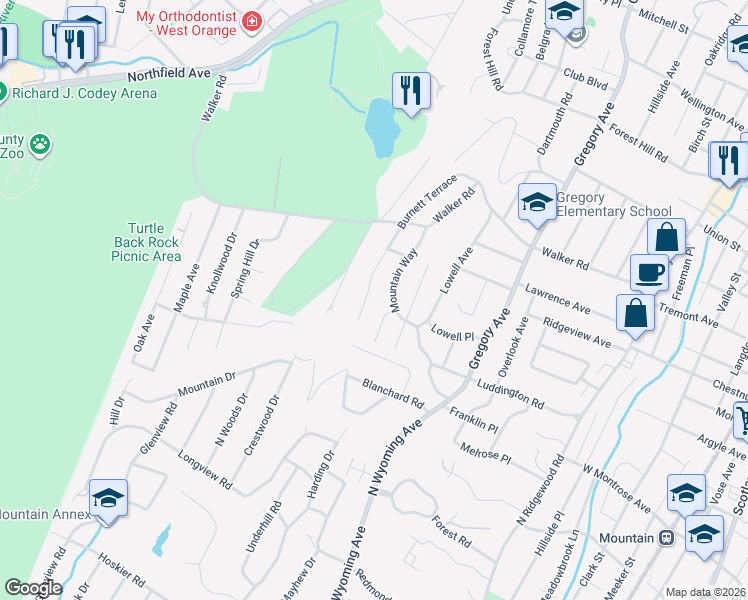 map of restaurants, bars, coffee shops, grocery stores, and more near 2 Mountain Way in West Orange
