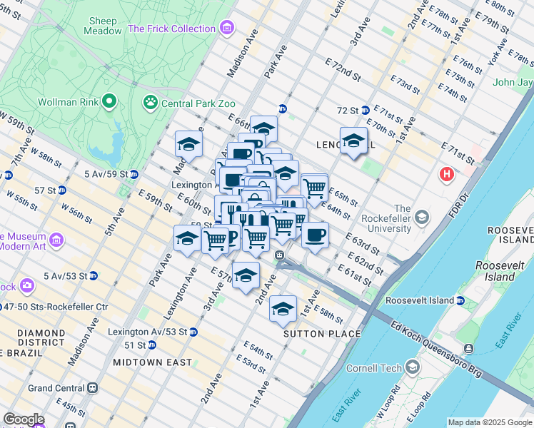 map of restaurants, bars, coffee shops, grocery stores, and more near 210A East 61st Street in New York