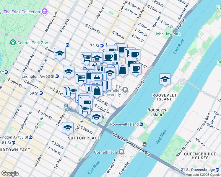 map of restaurants, bars, coffee shops, grocery stores, and more near 425 East 65th Street in New York