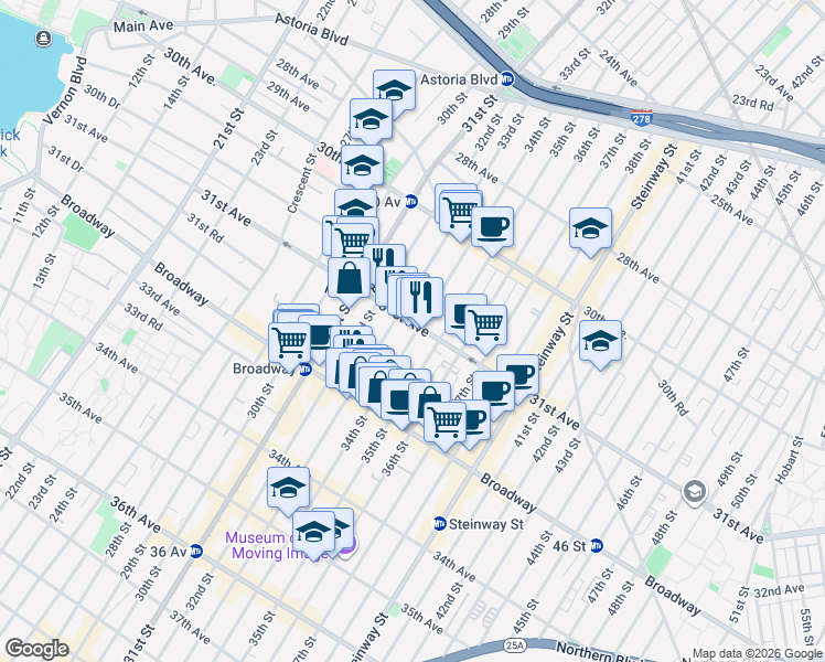 map of restaurants, bars, coffee shops, grocery stores, and more near 31-23 34th Street in Queens