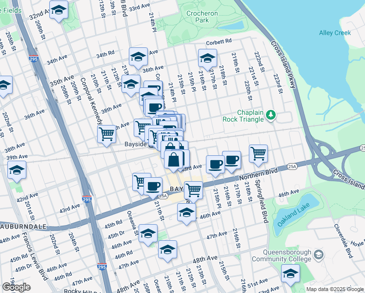 map of restaurants, bars, coffee shops, grocery stores, and more near 42-07 Bell Boulevard in Queens