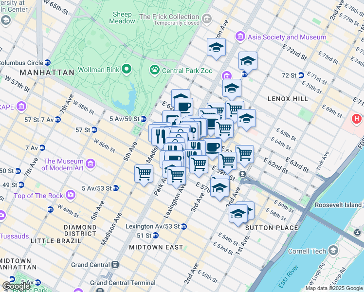 map of restaurants, bars, coffee shops, grocery stores, and more near 505 Park Avenue in New York