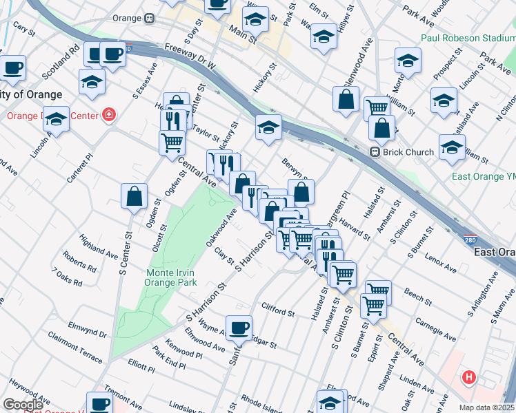 map of restaurants, bars, coffee shops, grocery stores, and more near 641 Central Avenue in East Orange