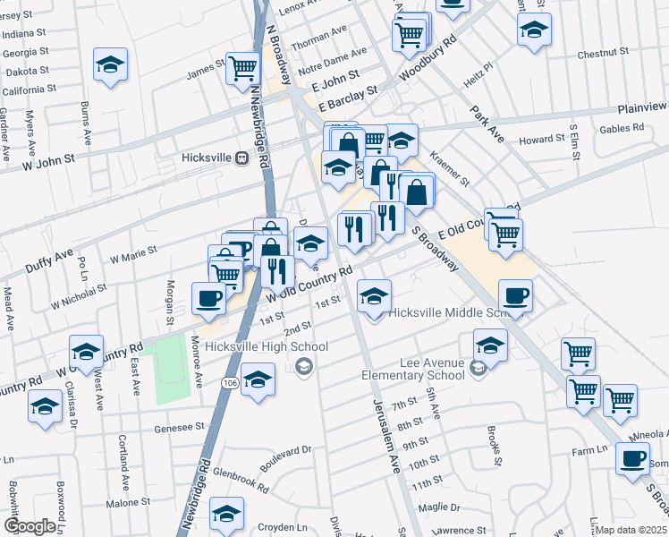 map of restaurants, bars, coffee shops, grocery stores, and more near 125 West Old Country Road in Hicksville