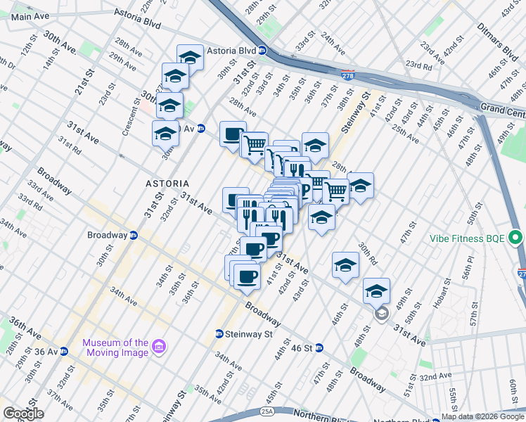 map of restaurants, bars, coffee shops, grocery stores, and more near 38-05 31st Avenue in Queens