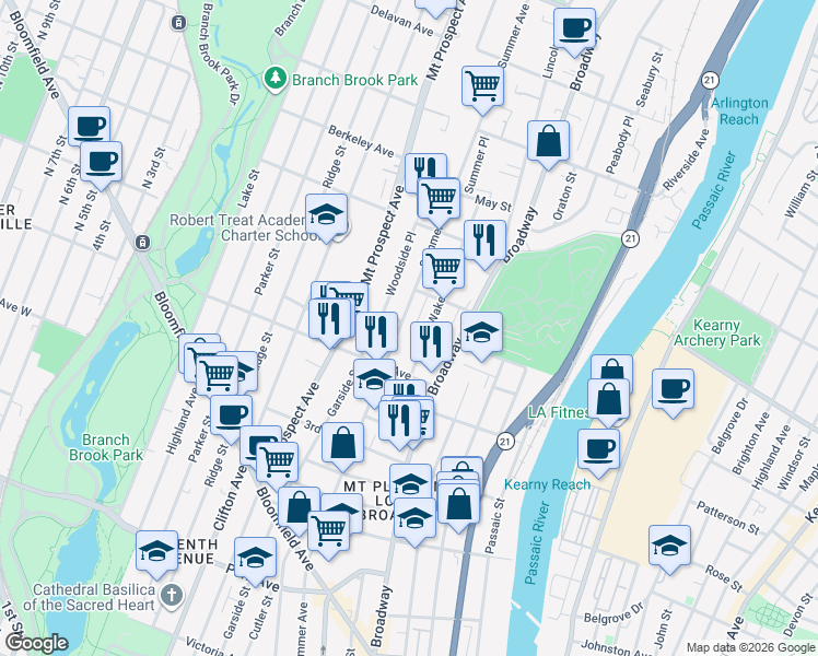 map of restaurants, bars, coffee shops, grocery stores, and more near 20 Wakeman Avenue in Newark