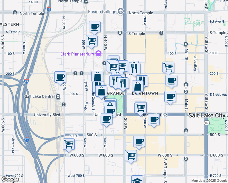 map of restaurants, bars, coffee shops, grocery stores, and more near 360 West Broadway in Salt Lake City