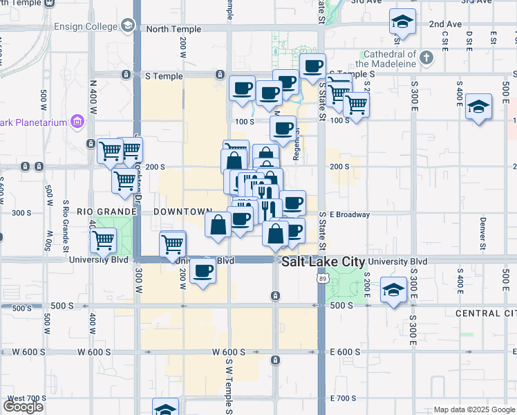 map of restaurants, bars, coffee shops, grocery stores, and more near 44 West Broadway in Salt Lake City