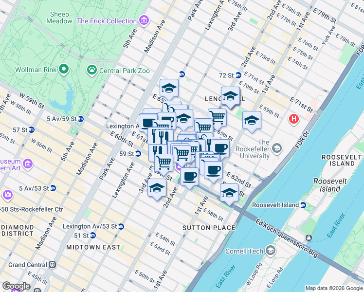 map of restaurants, bars, coffee shops, grocery stores, and more near in New York