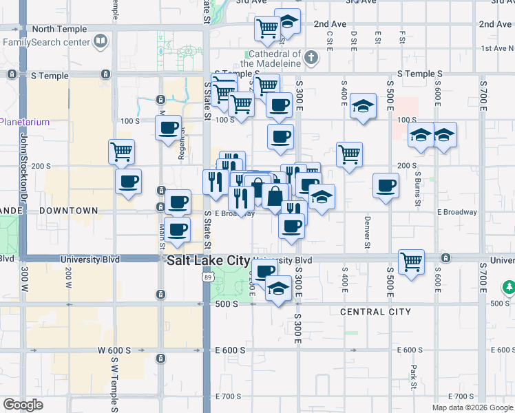 map of restaurants, bars, coffee shops, grocery stores, and more near 201 East Broadway in Salt Lake City