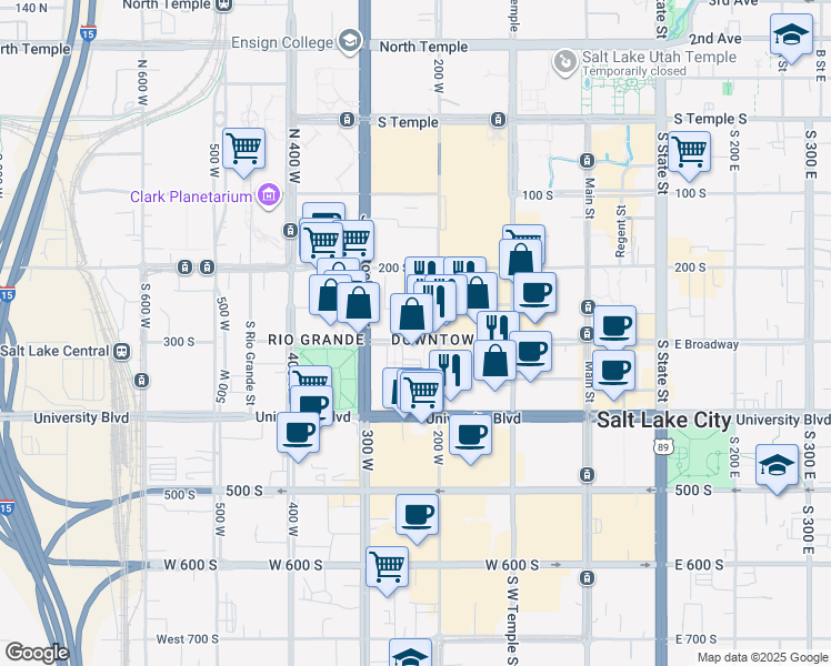 map of restaurants, bars, coffee shops, grocery stores, and more near 222 West Broadway in Salt Lake City