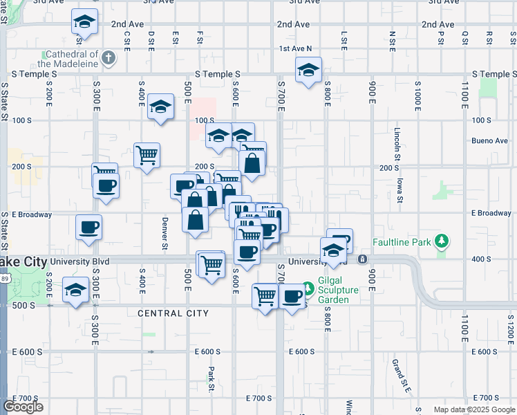 map of restaurants, bars, coffee shops, grocery stores, and more near 624 East Broadway in Salt Lake City