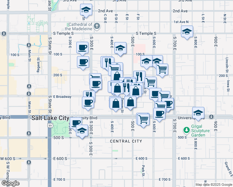 map of restaurants, bars, coffee shops, grocery stores, and more near 408 East 300 South in Salt Lake City