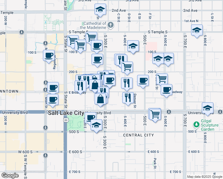 map of restaurants, bars, coffee shops, grocery stores, and more near 322 East Broadway in Salt Lake City