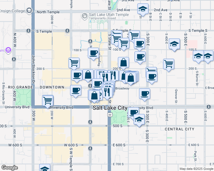 map of restaurants, bars, coffee shops, grocery stores, and more near 311 State Street in Salt Lake City