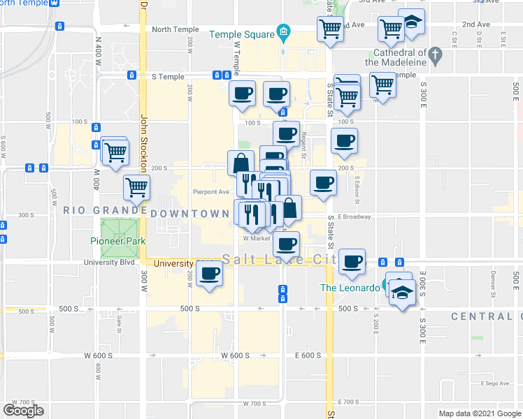 map of restaurants, bars, coffee shops, grocery stores, and more near 35 West Broadway in Salt Lake City