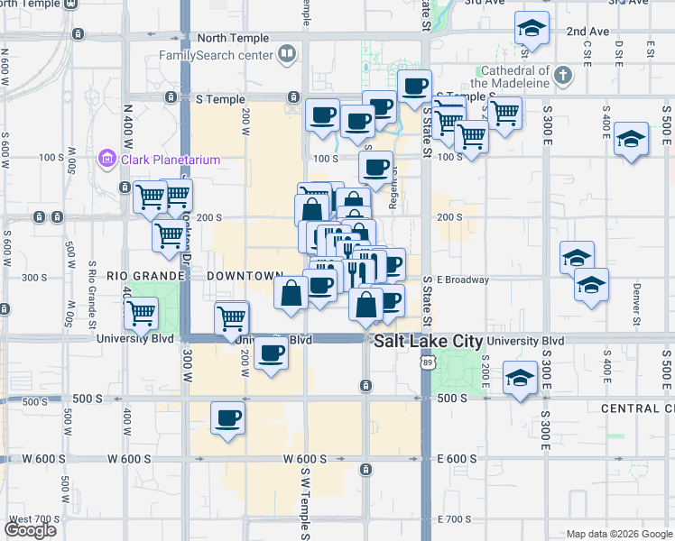 map of restaurants, bars, coffee shops, grocery stores, and more near 35 West Broadway in Salt Lake City