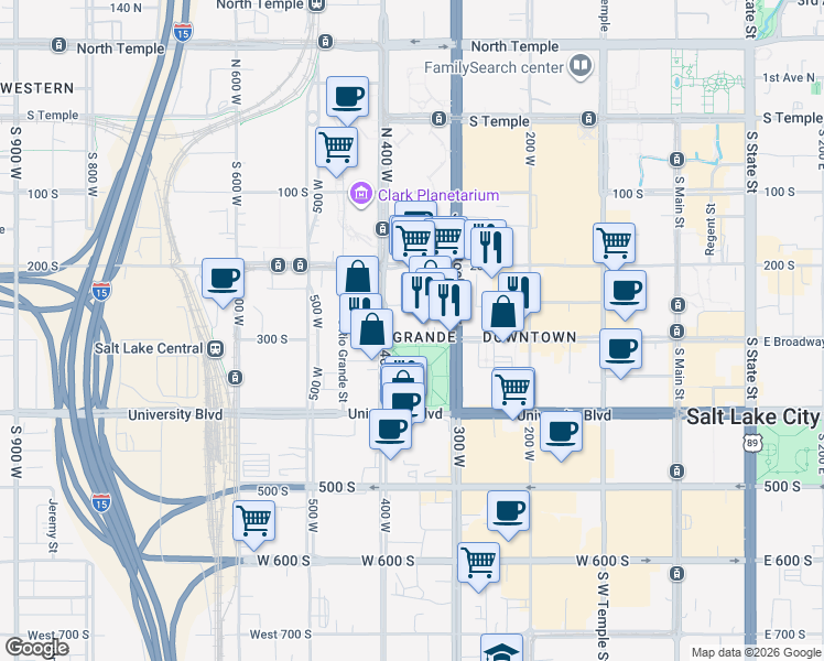 map of restaurants, bars, coffee shops, grocery stores, and more near 300 West 300 South in Salt Lake City