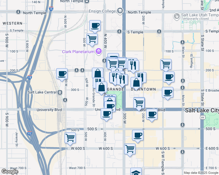 map of restaurants, bars, coffee shops, grocery stores, and more near 300 West 300 South in Salt Lake City