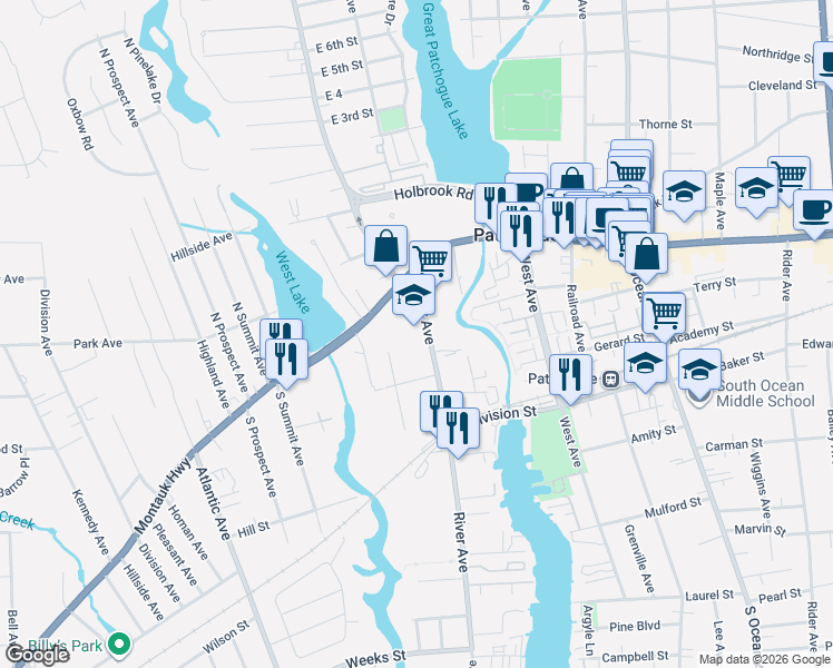 map of restaurants, bars, coffee shops, grocery stores, and more near 66 River Avenue in Patchogue