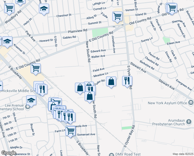 map of restaurants, bars, coffee shops, grocery stores, and more near 6 Tudor Road in Hicksville