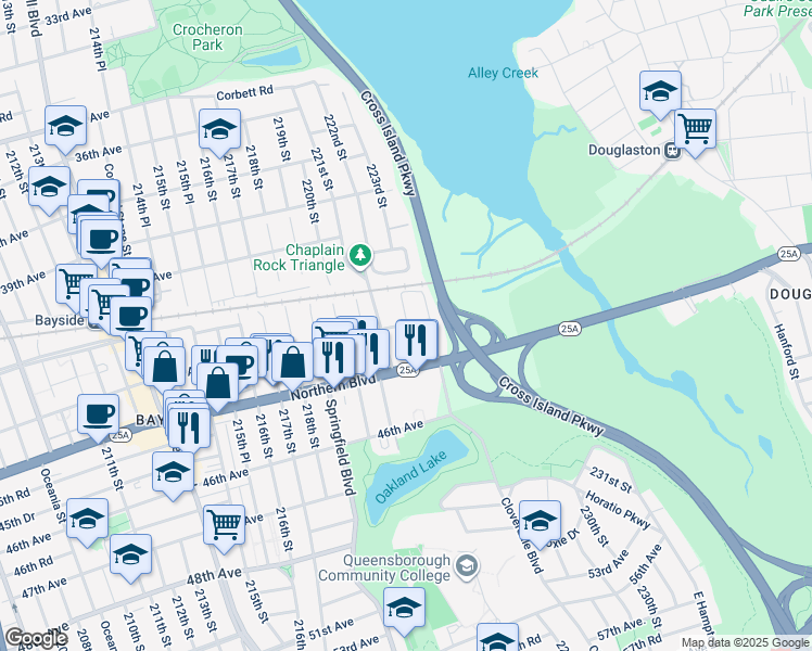 map of restaurants, bars, coffee shops, grocery stores, and more near 43-19 222nd Street in Queens
