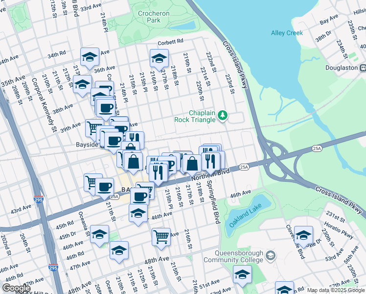 map of restaurants, bars, coffee shops, grocery stores, and more near 216-17 43rd Avenue in Queens