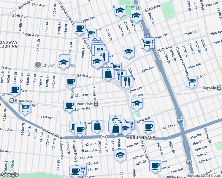 map of restaurants, bars, coffee shops, grocery stores, and more near 194-02 37th Avenue in Queens