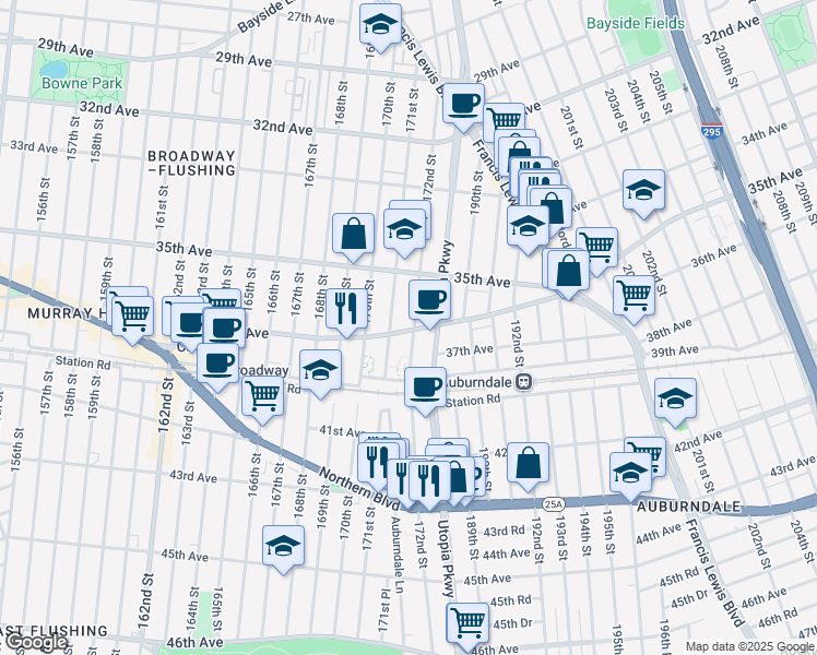 map of restaurants, bars, coffee shops, grocery stores, and more near 36-17 172nd Street in Queens