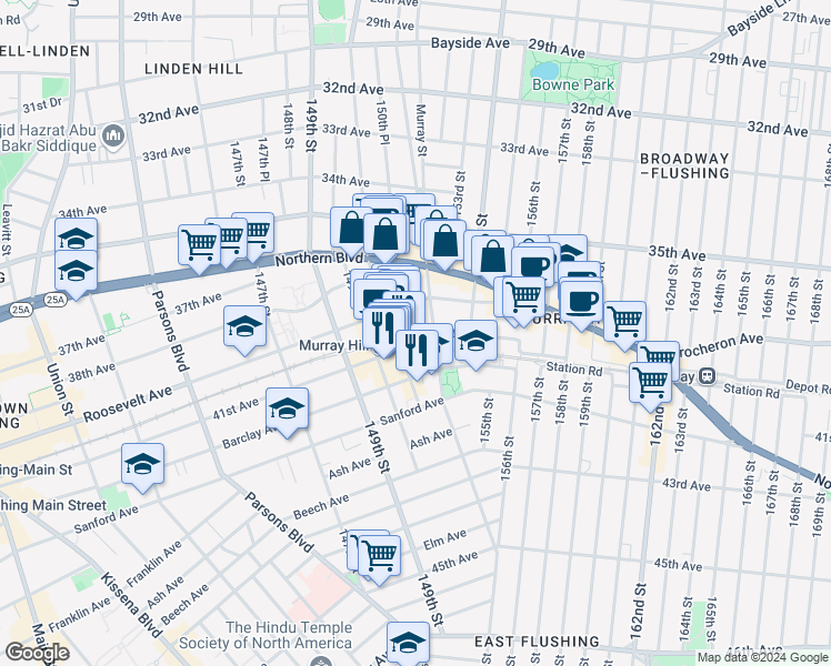 map of restaurants, bars, coffee shops, grocery stores, and more near 41-13 150th Street in Queens