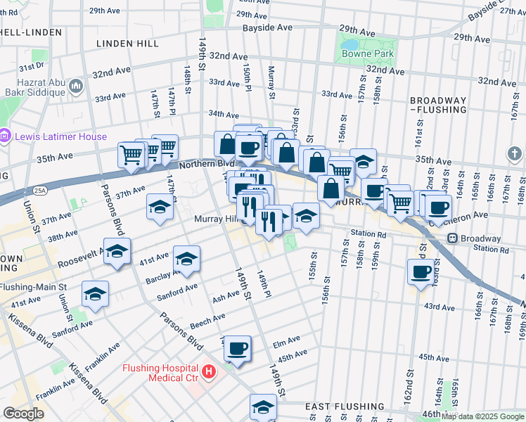 map of restaurants, bars, coffee shops, grocery stores, and more near 41-13 150th Street in Queens