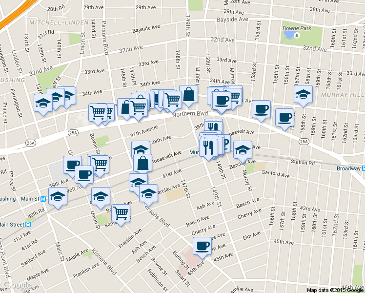 map of restaurants, bars, coffee shops, grocery stores, and more near 147-12 Roosevelt Avenue in Queens