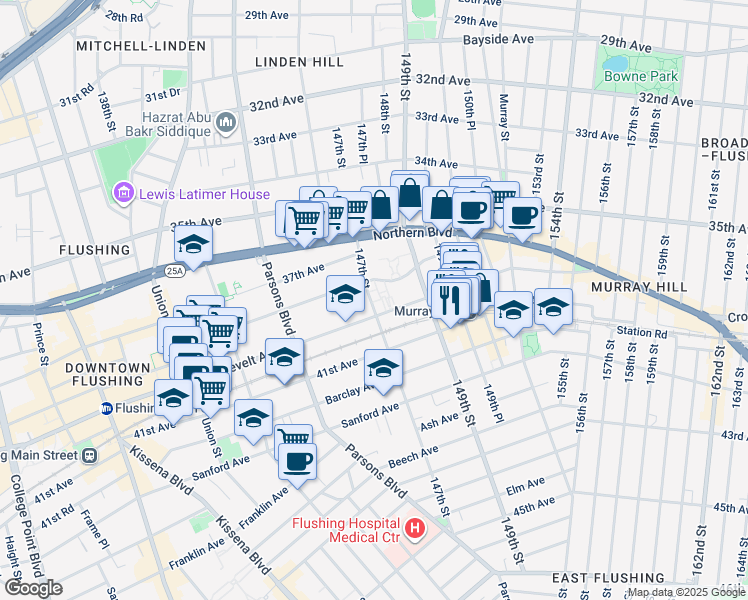 map of restaurants, bars, coffee shops, grocery stores, and more near 147-12 Roosevelt Avenue in Queens