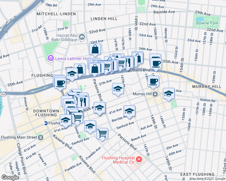map of restaurants, bars, coffee shops, grocery stores, and more near 144-44 38th Avenue in Queens