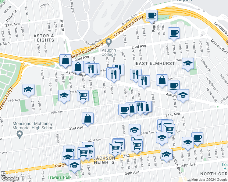 map of restaurants, bars, coffee shops, grocery stores, and more near 25-40 88th Street in Queens