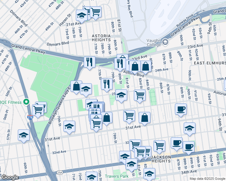 map of restaurants, bars, coffee shops, grocery stores, and more near 78-02 25th Avenue in Queens