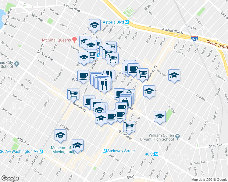 map of restaurants, bars, coffee shops, grocery stores, and more near 35-6 31st Avenue in Queens