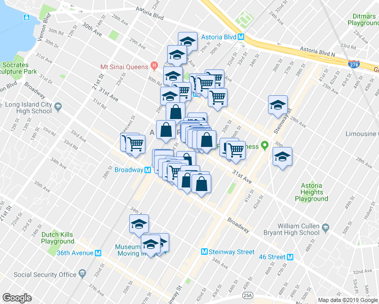 map of restaurants, bars, coffee shops, grocery stores, and more near 31-23 34th Street in Queens