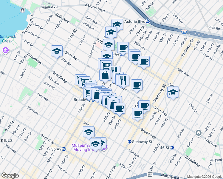 map of restaurants, bars, coffee shops, grocery stores, and more near 31-40 33rd Street in Queens