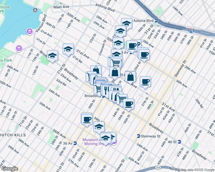 map of restaurants, bars, coffee shops, grocery stores, and more near 31-57 31st Street in Queens