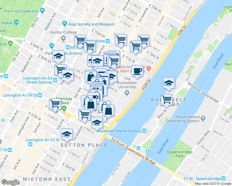 map of restaurants, bars, coffee shops, grocery stores, and more near 430 East 65th Street in New York