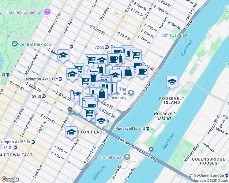 map of restaurants, bars, coffee shops, grocery stores, and more near 430 East 65th Street in New York