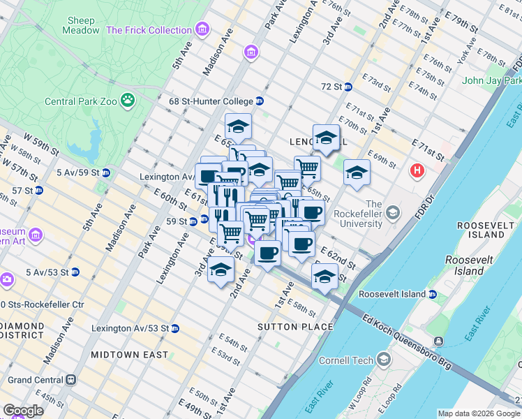 map of restaurants, bars, coffee shops, grocery stores, and more near in New York